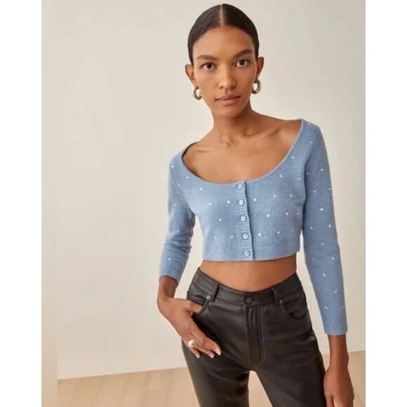REFORMATION Nathalia Embellished Rhinestone Wool Cropped Cardigan Sweater Size M - Picture 8 of 8